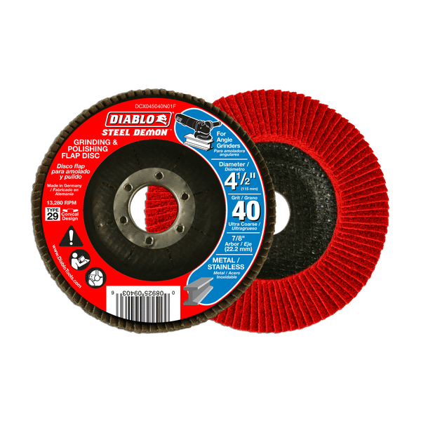 Red and black Diablo Steel Demon 4-1/2 inch flap disc with 40 grit rating and center hole for angle grinder attachment.