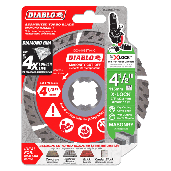 Diablo 4-1/2 inch diamond segmented turbo masonry cut-off blade with X-LOCK arbor in retail packaging.