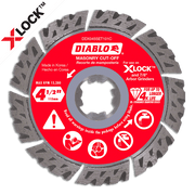 Gray segmented diamond saw blade with red center hub labeled Diablo, 4.5 inches diameter, X-LOCK arbor.