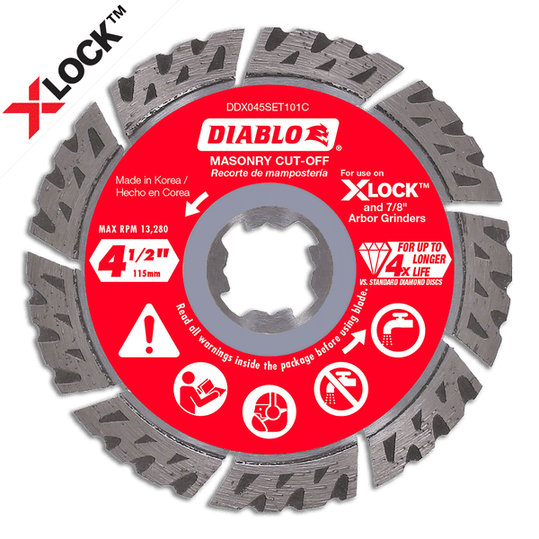 Gray segmented diamond saw blade with red center hub labeled Diablo, 4.5 inches diameter, X-LOCK arbor.