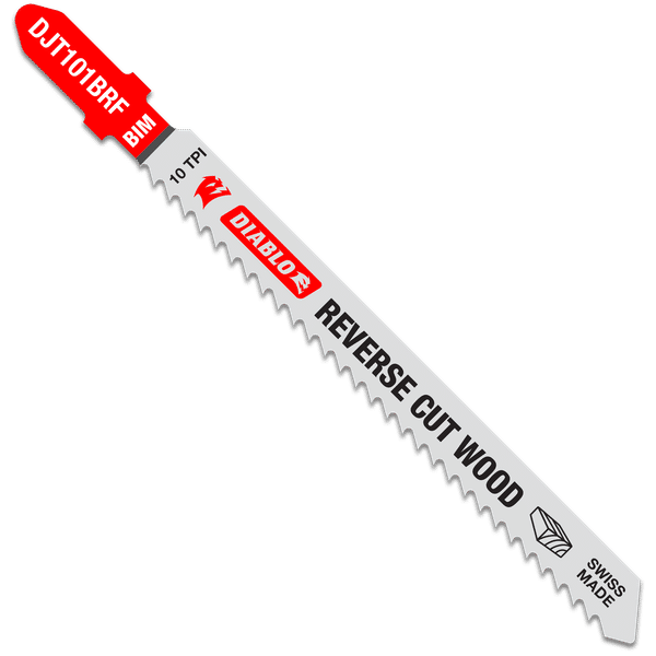 Diablo 4-inch jig saw blade with red handle, 10 TPI teeth, labeled "Reverse Cut Wood" for straight cuts.
