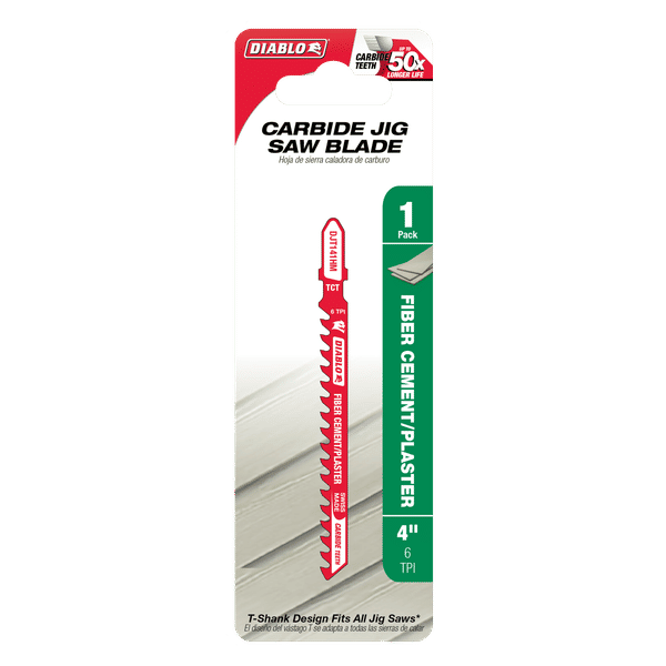 Red carbide jig saw blade with fine teeth on packaging card labeled "Diablo" and "Fiber Cement/Plaster."