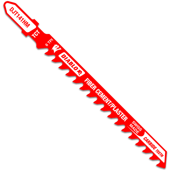 Red Diablo carbide jig saw blade with serrated teeth and upper mounting shank against white background.