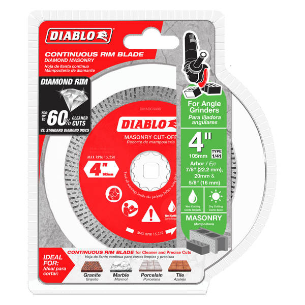Diablo 4-inch diamond continuous rim masonry cut-off disc in red and gray packaging with specifications and usage icons.