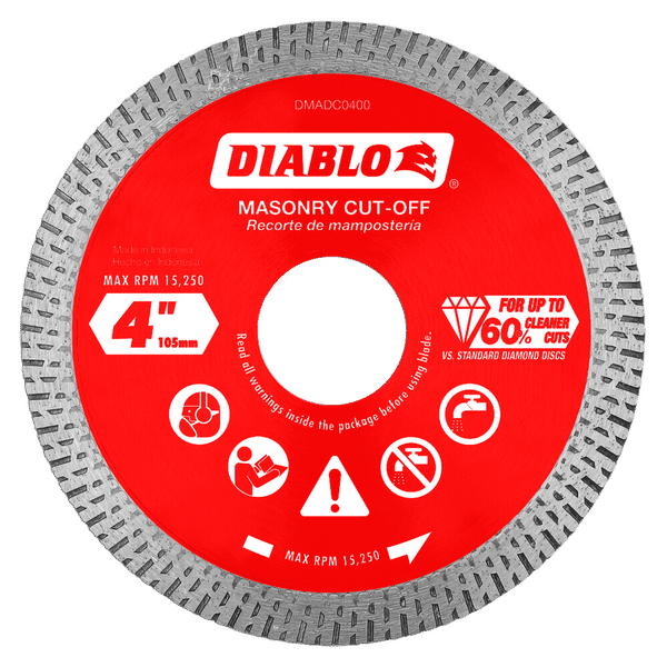 4-inch diamond continuous rim cut-off disc with red center label and gray segmented blade edge.