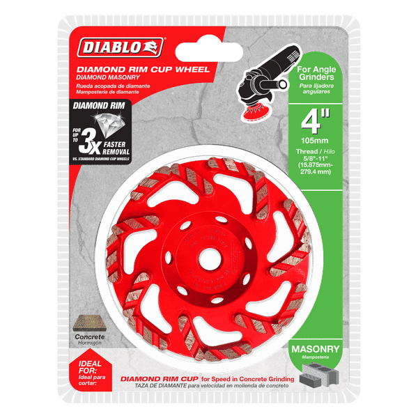 Red diamond cup wheel with segmented rim on packaging with Diablo branding, specifications, and angle grinder compatibility i