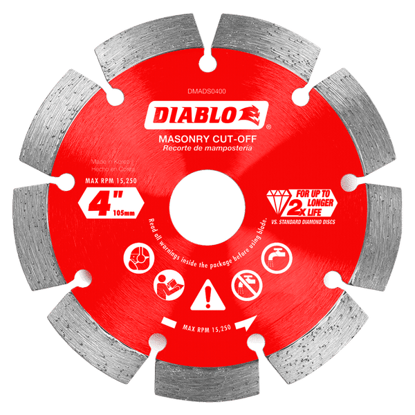 Red diamond segmented cut-off disc with gray cutting segments and center arbor hole for masonry cutting.