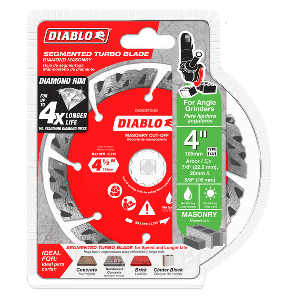 Diablo 4-inch diamond segmented turbo masonry cut-off disc in packaging with specifications and angle grinder compatibility i