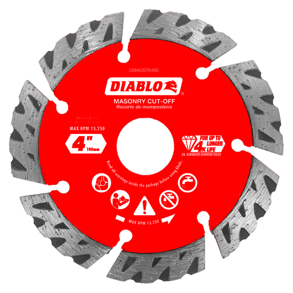 Red diamond segmented turbo cut-off disc with gray teeth around perimeter and white center hub labeled Diablo.
