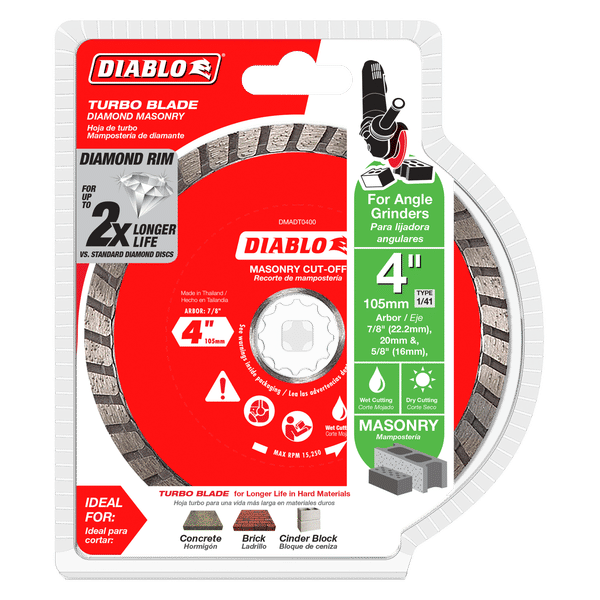 Diablo 4-inch diamond turbo blade for masonry with segmented rim on red and white packaging.