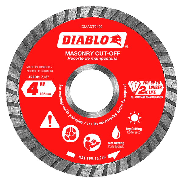 Diablo 4-inch diamond turbo cut-off disc with red label and segmented gray cutting edge for masonry.