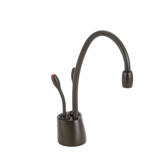 Oil rubbed bronze instant hot and cold water faucet with curved spout and single lever handle.