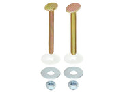Two brass-plated closet bolts with wide heads, white washers, metal washers, and nuts arranged vertically.