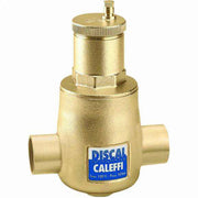 Brass cylindrical air separator with side inlet/outlet ports, top vent valve, and DISCAL CALEFFI label.