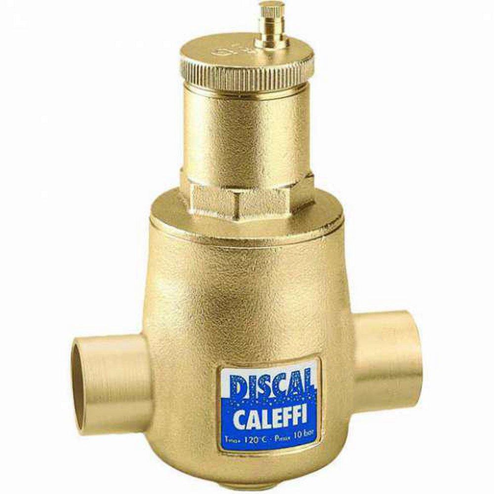 Brass cylindrical air separator with side inlet/outlet ports, top vent valve, and DISCAL CALEFFI label.