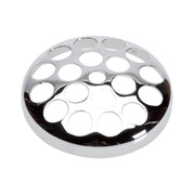 Chrome sink strainer with beehive-patterned perforated basket and circular openings.