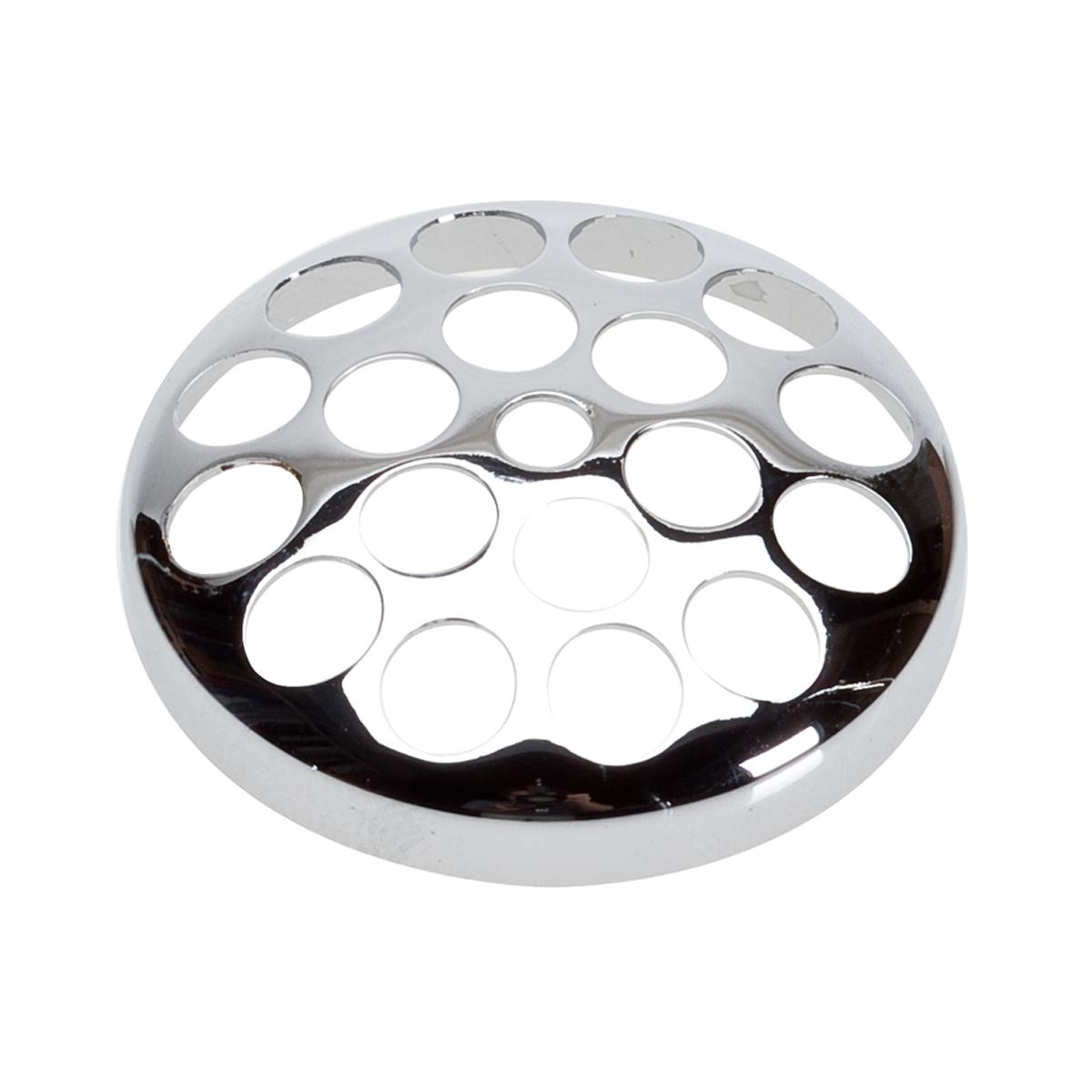 Chrome sink strainer with beehive-patterned perforated basket and circular openings.