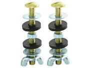 Two brass round-head bolts with threaded shanks and assorted washers in black and clear rubber.