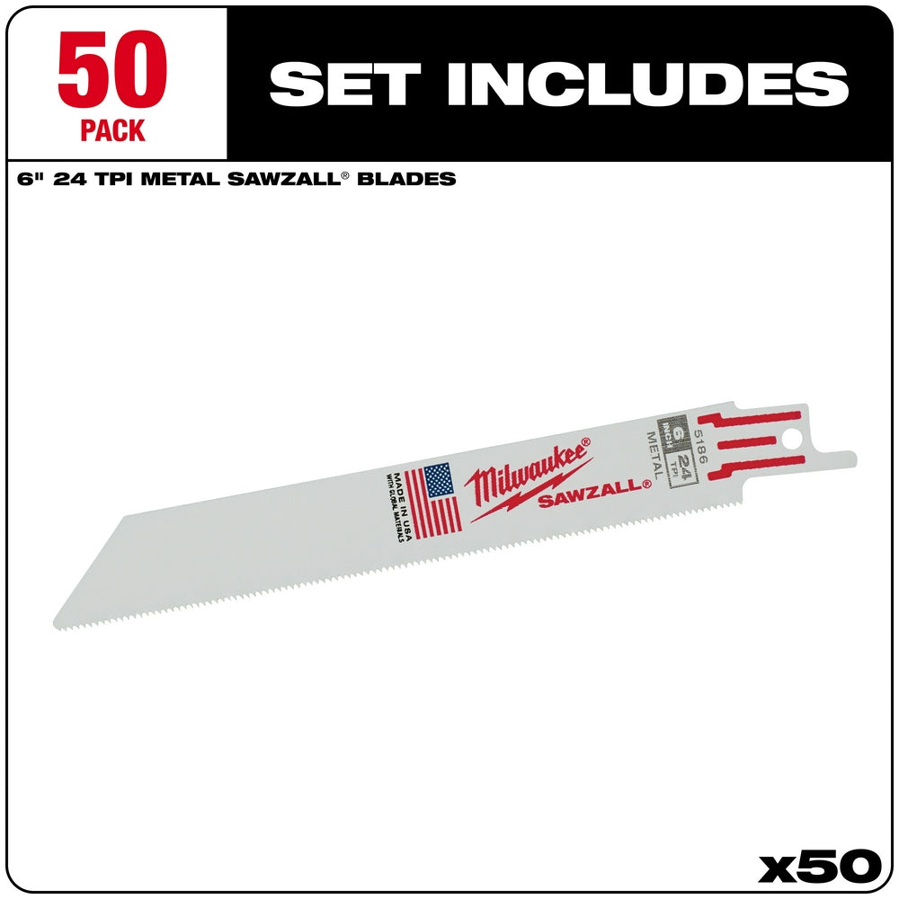 Milwaukee SAWZALL blade with 6-inch length, 24 TPI teeth, and red/white packaging label shown against white background.