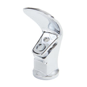 Chrome and white vandal-resistant water bubbler with curved spout and dual button controls.