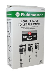 Three Fluidmaster 400A toilet fill valves with black caps and metal stems displayed on packaging box.