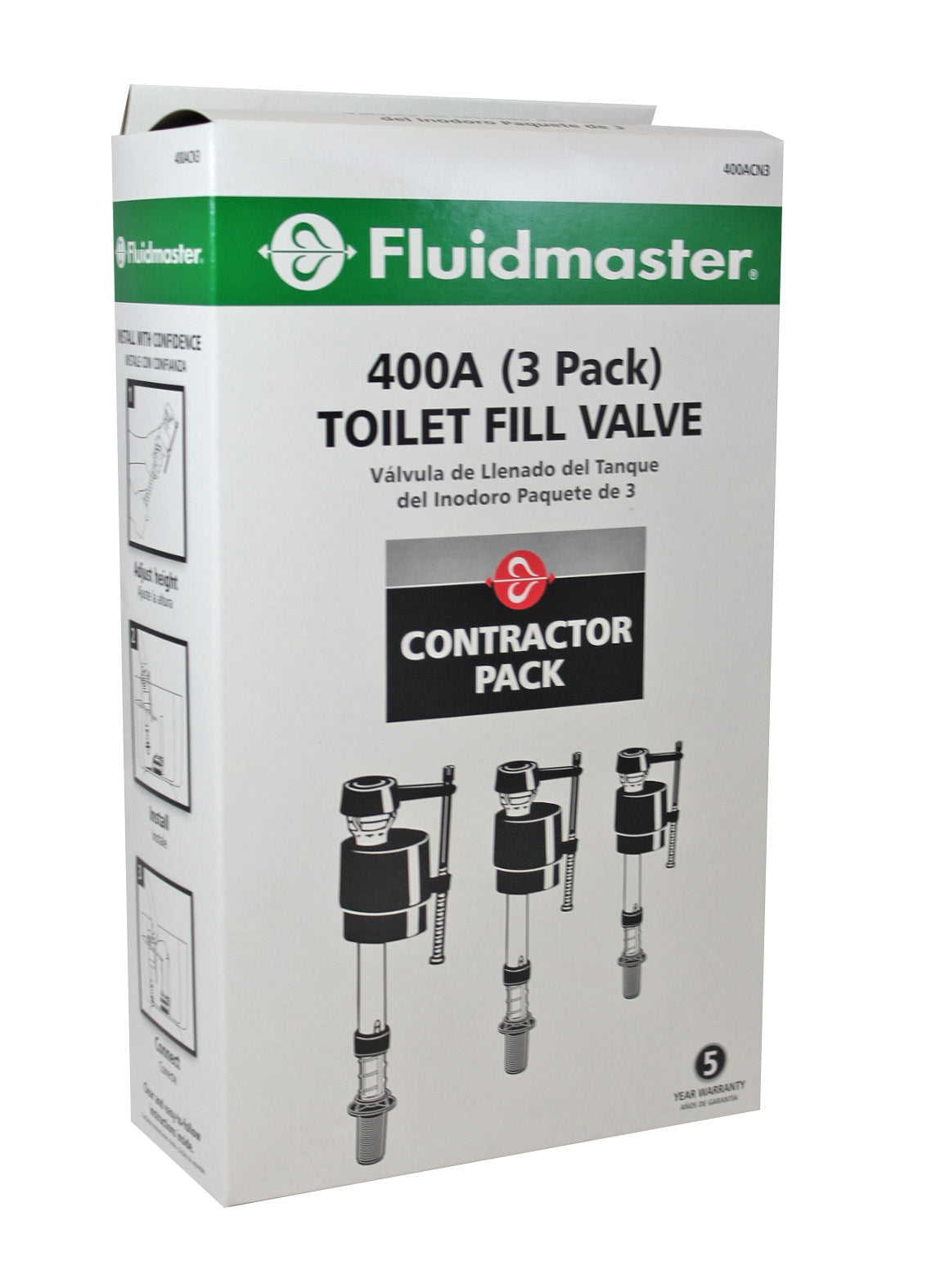 Three Fluidmaster 400A toilet fill valves with black caps and metal stems displayed on packaging box.