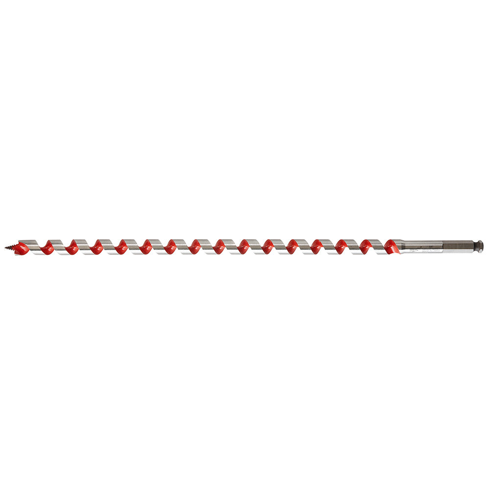 Long auger bit with red and silver spiral flutes and pointed tip for drilling into wood.