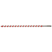 Long ship auger bit with red and silver fluted design and pointed tip.