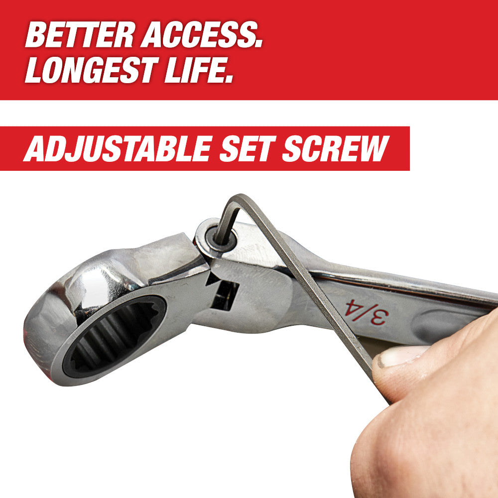 Chrome 24mm flex head ratcheting combination wrench with adjustable set screw, held in hand.