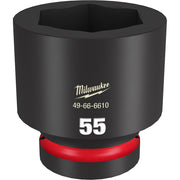 Black Milwaukee 55MM standard 6-point socket with red grip ring and hexagonal opening.