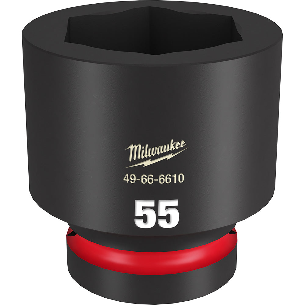 Black Milwaukee 55MM standard 6-point socket with red grip ring and hexagonal opening.