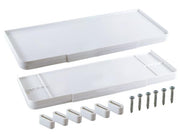 White toilet tank cover with hinged lid design, shown with installation brackets and screws.