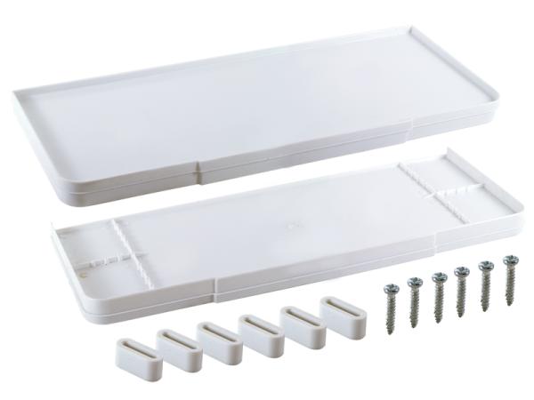 White toilet tank cover with hinged lid design, shown with installation brackets and screws.