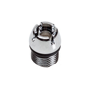 Chrome plated orifice assembly with threaded base and central opening, isolated on white background.