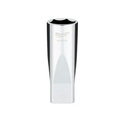 Milwaukee chrome deep socket with hexagonal opening and four flat sides on cylindrical body.
