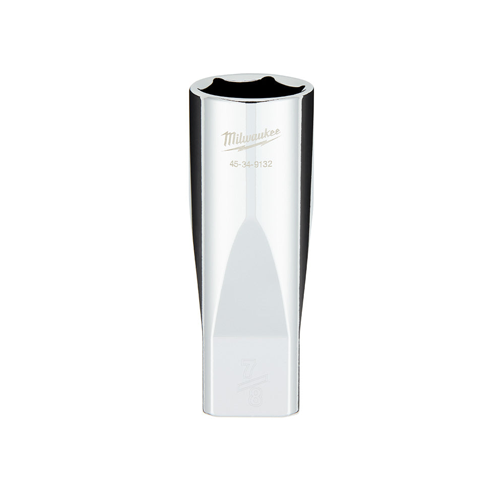 Milwaukee chrome deep socket with hexagonal opening and four flat sides on cylindrical body.