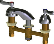 Chrome two-handle deck-mounted faucet with curved spout and lever handles, showing brass mounting base.