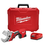 Red Milwaukee M12 cordless PVC shear with black grip, carrying case, and charger included.