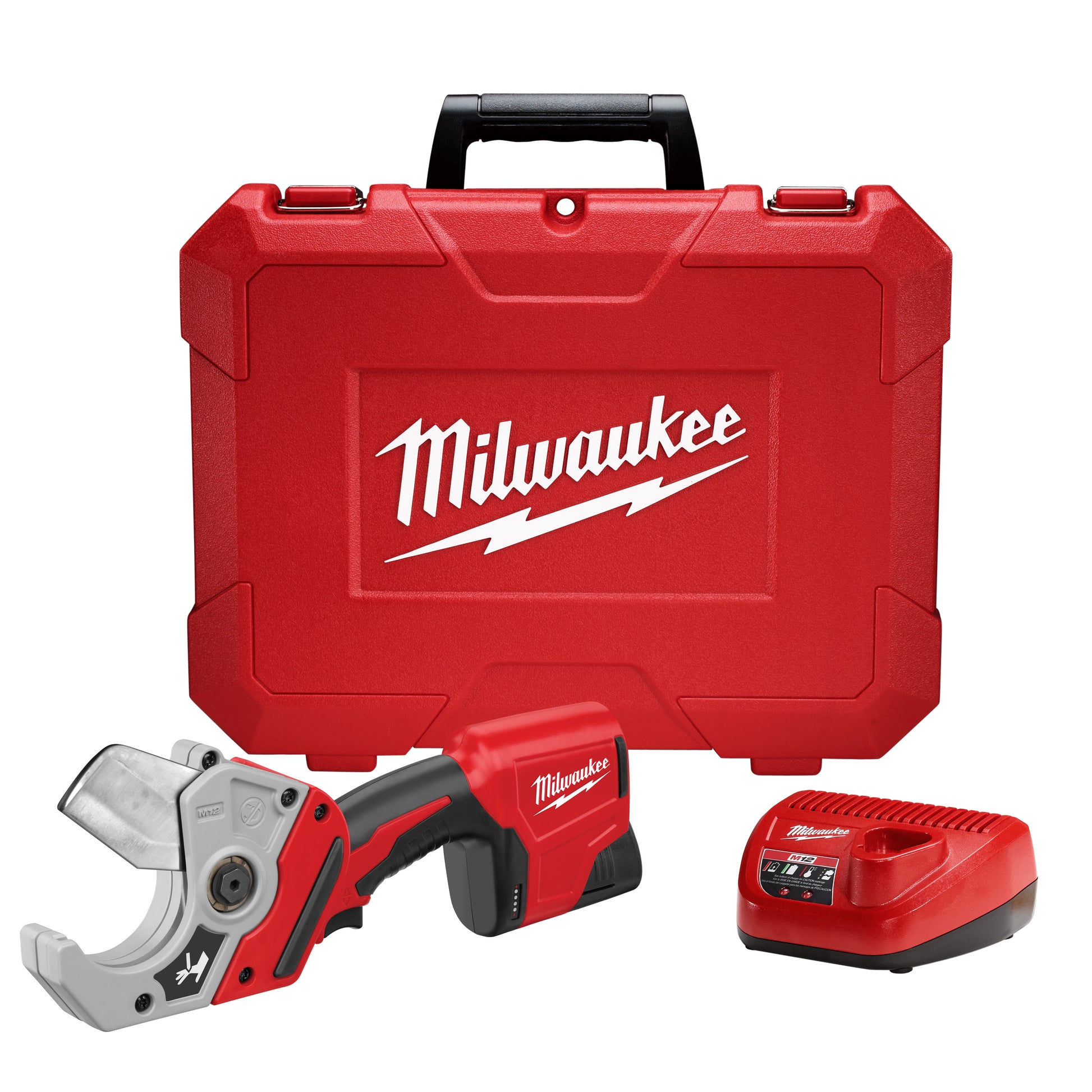 Red Milwaukee M12 cordless PVC shear with black grip, carrying case, and charger included.
