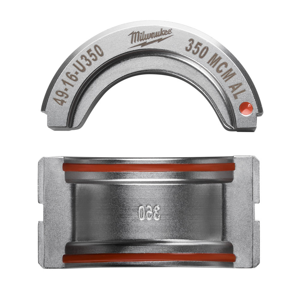 Milwaukee aluminum U-style die with 350 MCM capacity, shown as top and bottom components with red indicator dots.