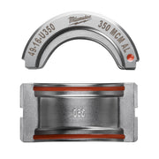 Milwaukee aluminum U-style die with 350 MCM capacity, shown as top and bottom components with red indicator dots.