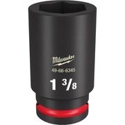 Black Milwaukee deep socket with 1 3/8" measurement and hexagonal opening, red grip band at base.