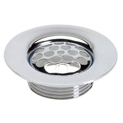 Chrome sink strainer and ferrule assembly with perforated basket and rubber gasket seal.