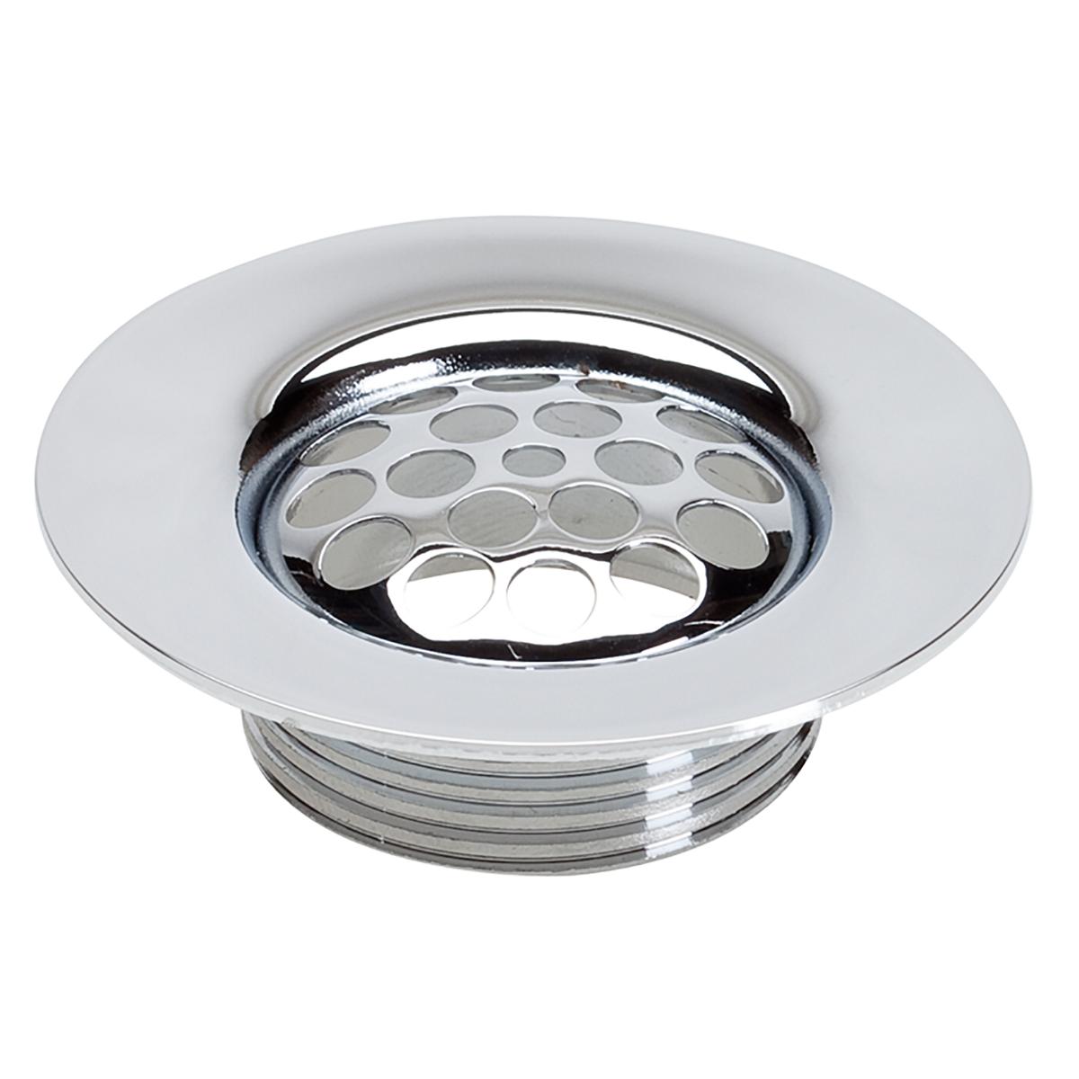 Chrome sink strainer and ferrule assembly with perforated basket and rubber gasket seal.
