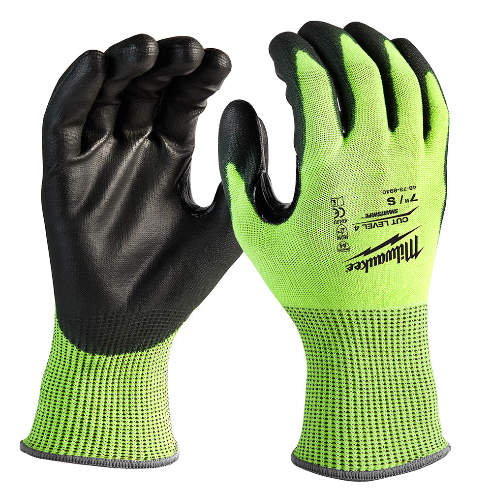 High visibility work gloves with lime-green knit backs and black polyurethane-dipped palms and fingers.