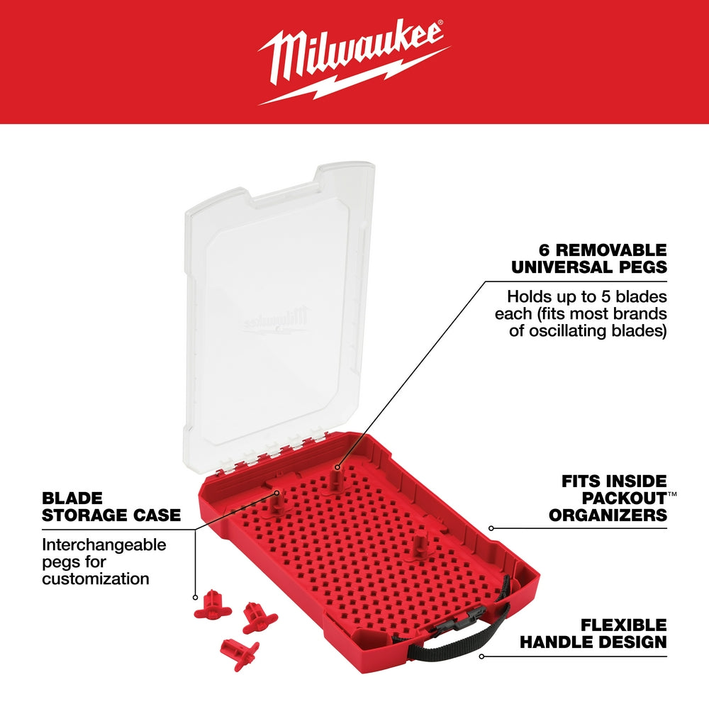 Red plastic blade storage case with clear lid, six removable pegs, and black carry handle for oscillating saw blades.