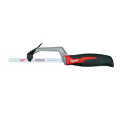 Milwaukee compact hacksaw with red and black handle, gray frame, and metal cutting blade.