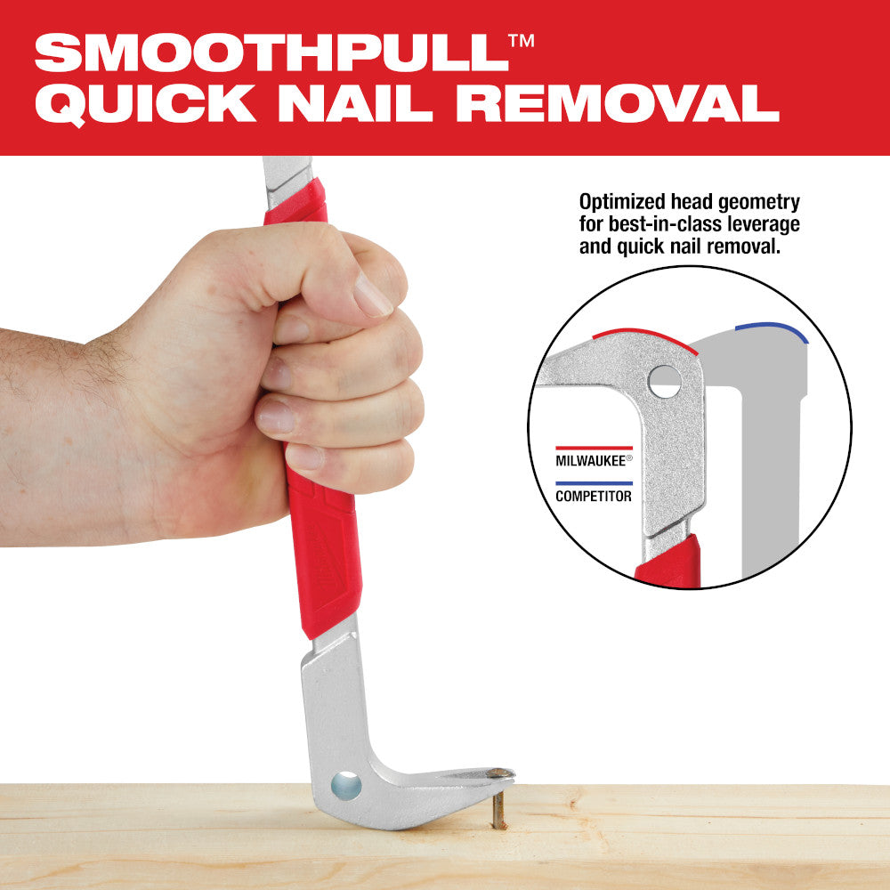 Red and gray nail puller with curved claw head held in hand above wooden surface with nail.