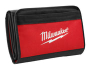 Black and red Milwaukee roll-up accessory case with multiple fabric compartments and closure straps.