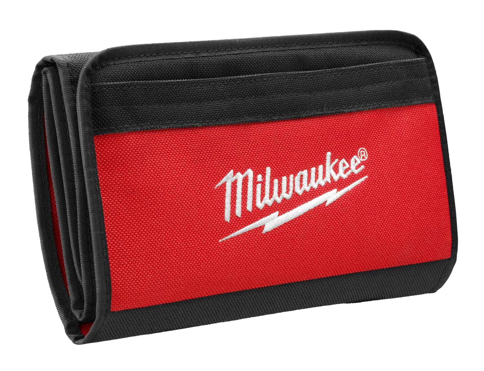 Black and red Milwaukee roll-up accessory case with multiple fabric compartments and closure straps.